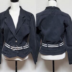 VINTAGE 80s EverBlue Black Asymmetrical Button Flare Belted Grunge Denim Jacket